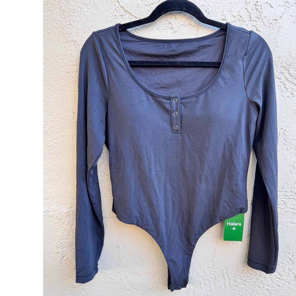 Halara NEW Black Long Sleeve Henley Bodysuit LARGE Casual Layering Athleisure
